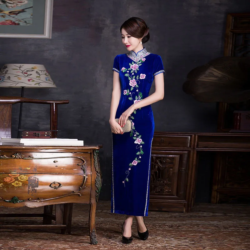 

Velvet Blue Long Modern Qipao Embroider Dress Women Cheongsam Chinese Traditional Oriental Evening Gown Robe Chinoise Qi Pao