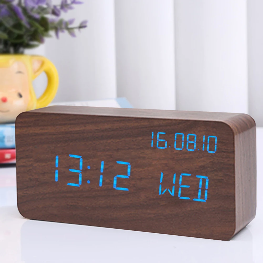 

Electronic Multifunction Desk Table Clock Voice Control UV Unique Silent Decor Watch Wooden Alarm Clock