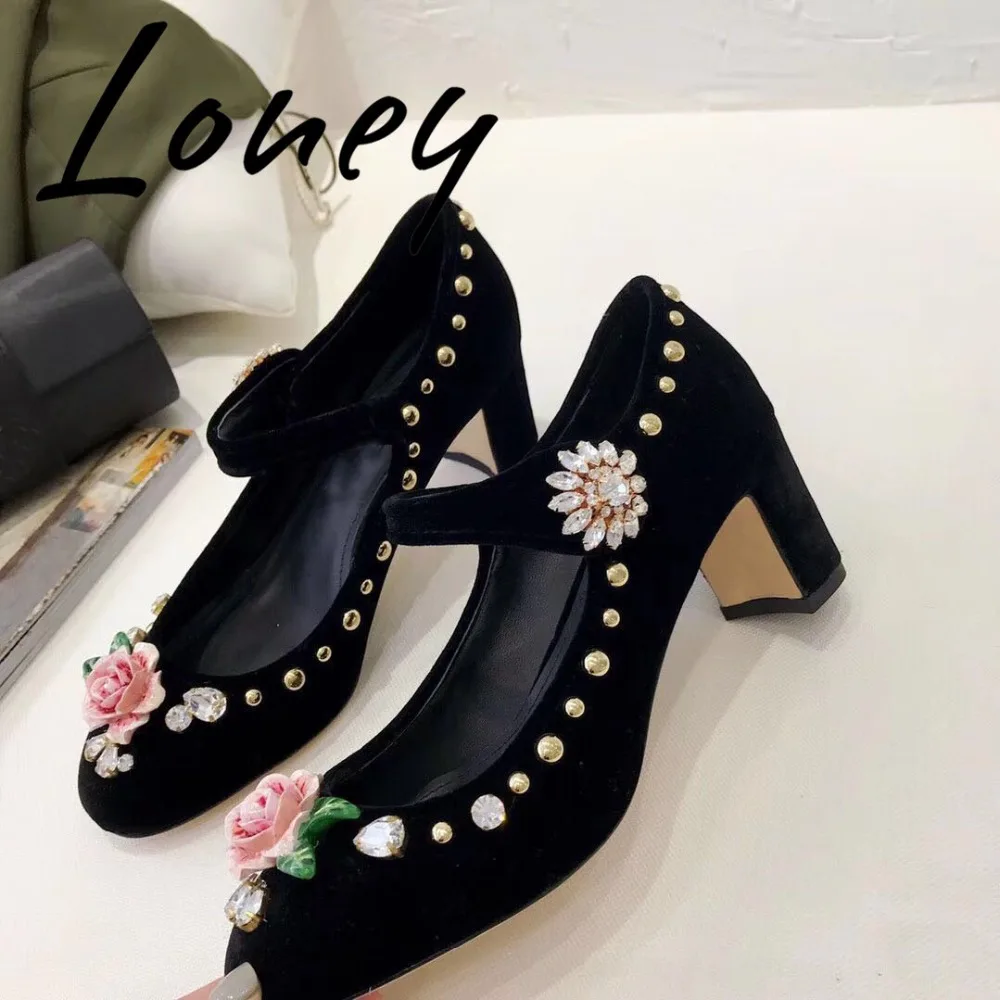 

Loney Summer Genuine Leather Floral Buckle Strap Women Pumps Round Toe Mary Janes Crystal Jewel Women HIgh Heels Shoes Women