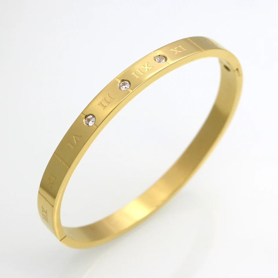 

Brand Stainless Steel Bracelets & Bangles 3 Color Cuff Bracelet For Women Roman Letters Crystal Jewelry Gift For Girls