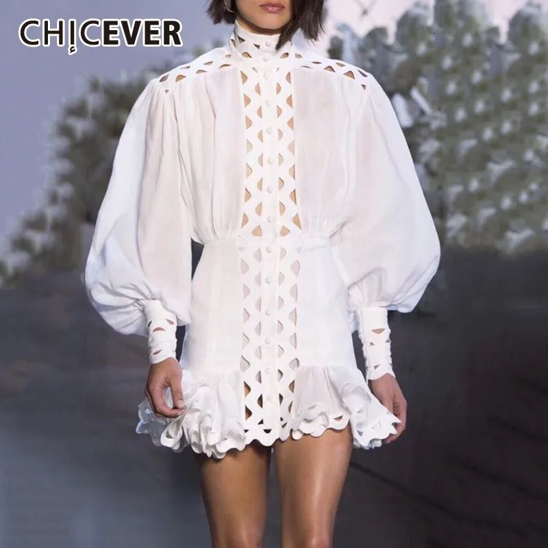 

CHICEVER Summer Elegant Solid Hollow Out Dress For Women Stand Collar Lantern Sleee High Waist Ruffles Hem Mini The Dresses 2019