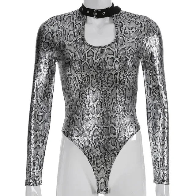 Buy Darlingaga Choker halter snake print bodysuit women silver long sleeve
