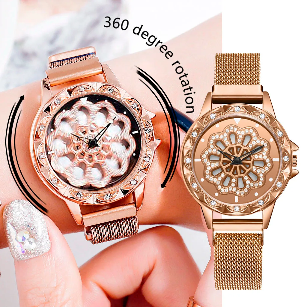 

360 Degree Rotating Womens Watches Fashion Diamond Dial To Run Ladies Quartz Women's Wrist Watches Women Clock Famale Watch