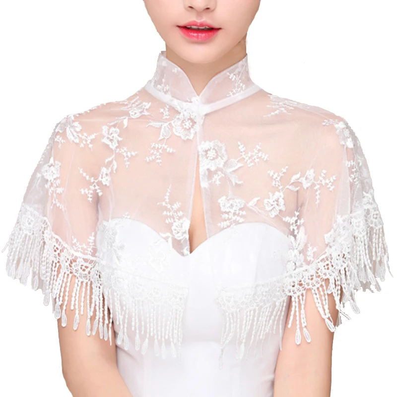 High Collar Lace Bridal Wraps Shawl With Tassel Trim Elegant Women Evening Stole Party Cape Bolero Bride Wedding Jackets Wrap