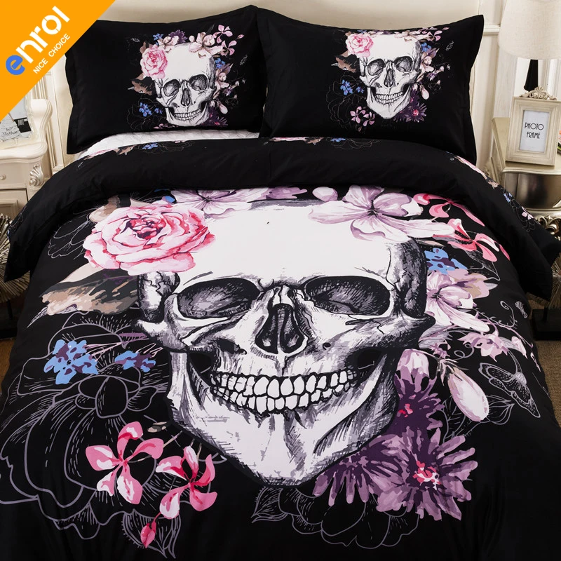 

3D Flower Skull Printed Bedding Set Polyester Europe Style Twin King Queen black Bedclothes Duvet Cover Set Adult Quilt