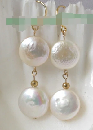 

wb00550 2pc stunning big 12mm round white coin freshwater pearls dangle earrings 14k/20