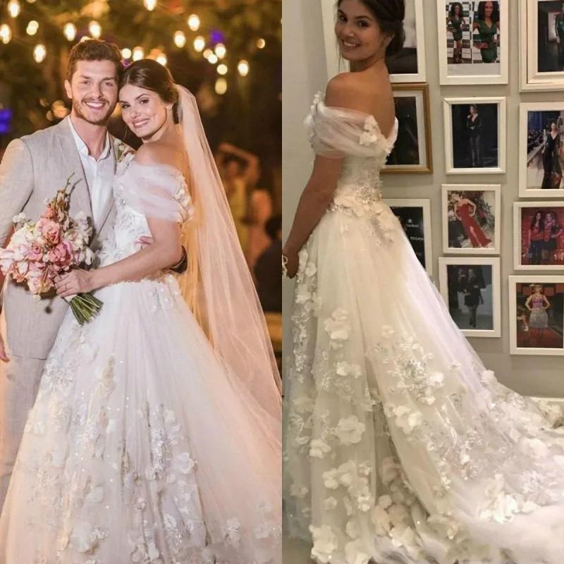 2019 Appliques A-Line Wedding Dress Romantic Handmade flowers Lace Sexy Boat Neck Off shoulder Vestido De Noiva | Свадьбы и