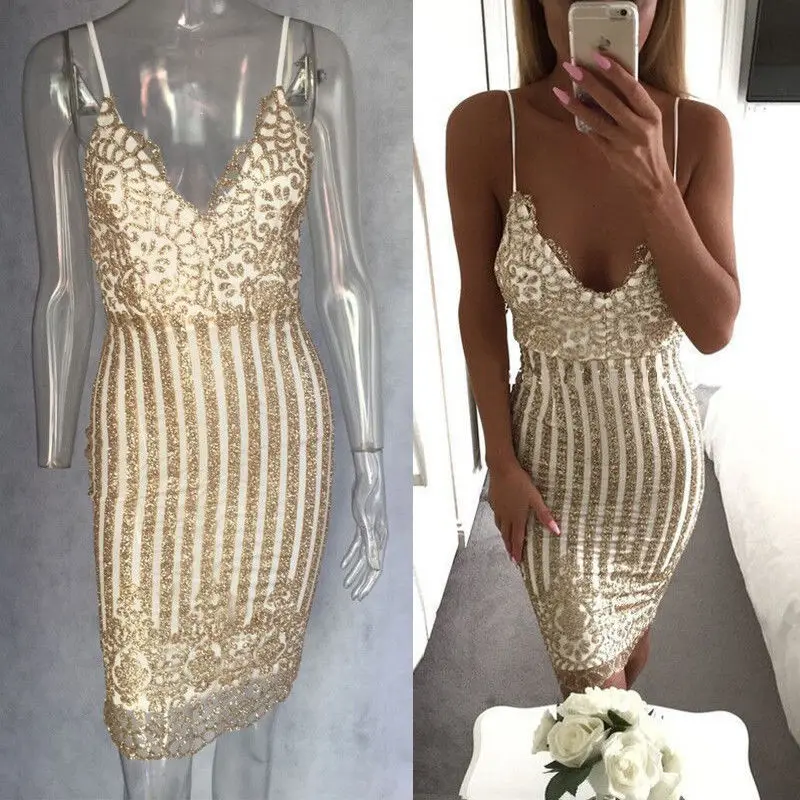 

Womens Sexy Elegant Summer Solid Deep V Neck Sleeveless Sequined Slim Open Back Party Fitted Sheath Bodycon Shiny Golden Dress