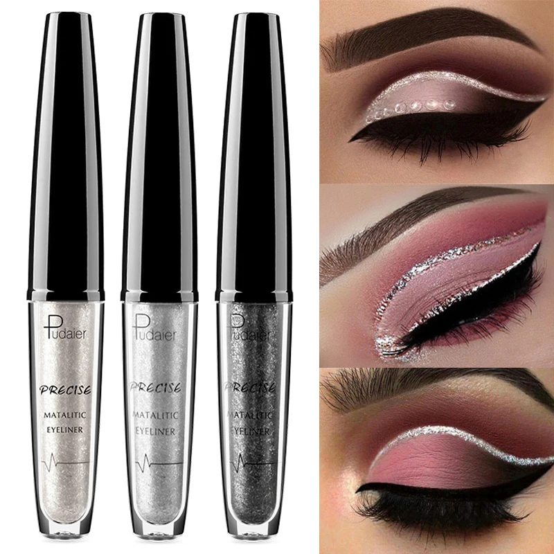 

Pudaier Shimmer Eyeliner Waterproof Liquid Eye Liner Pigment Eyes Makeup Glitter Eyeliner Liquid Cosmetics Silver Black Color