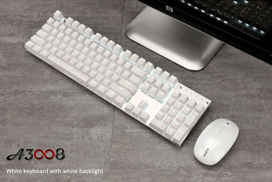 Ajazz A3008 2.4G Wireless Mechanical Keyboard & Mouse Combos White Backlit Blue Switches Keyboard 1600DPI Mouse  (16)