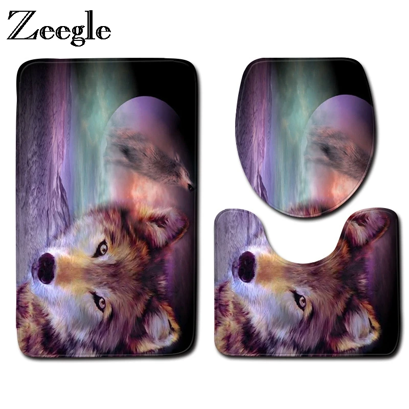 Zeegle Wolf Printed Bathroom Mat Set 3pcs Bathroom Rugs Anti-slip Mats For Toilet Bathroom Carpet Washable Bathroom Floor Mats