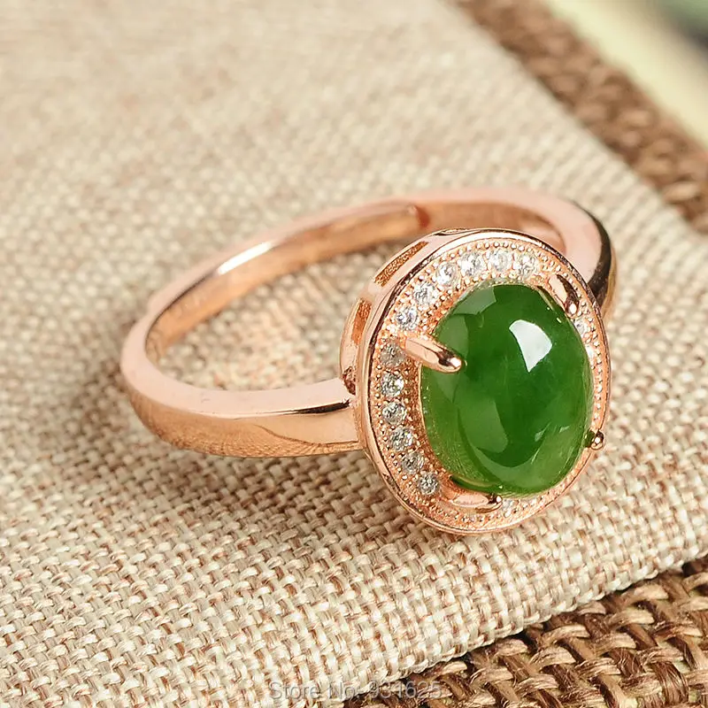 

925 Silver Natural Green HeTian Gem Inlay Lucky Ring + Certificate Rose Gold Rings adjustable Fashion Woman ring Jewelry