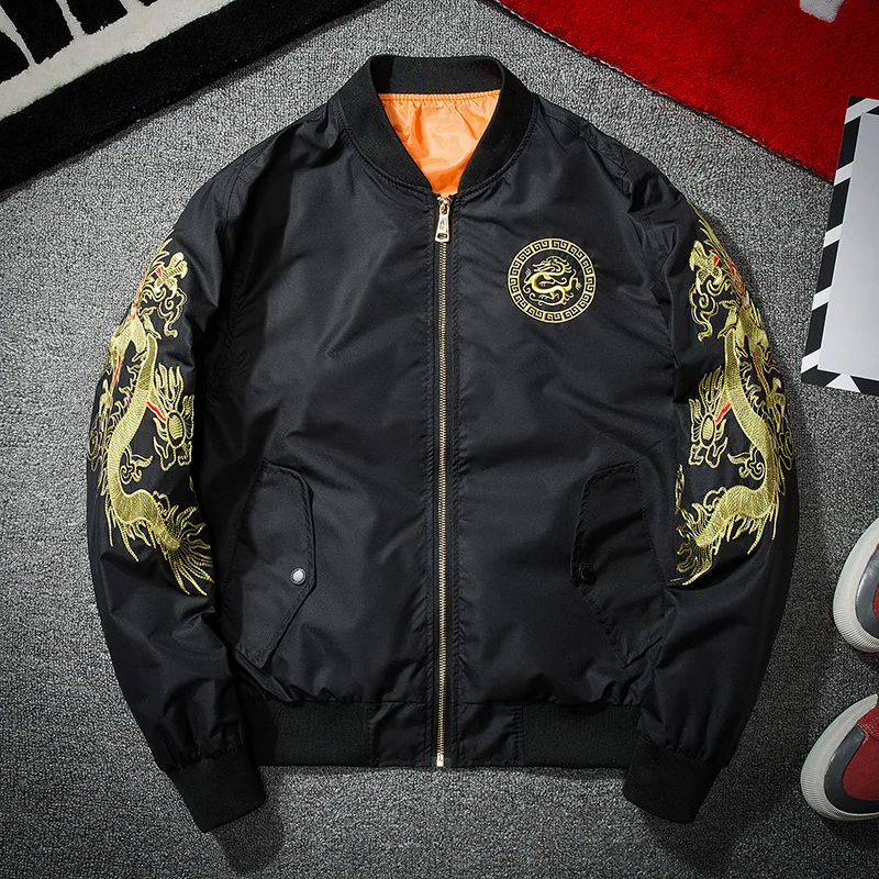 

2019 Chinese Gold Dragon Embroidery MA1 Bomber Jacket Coat Autumn Pilot Army Green Bomber Jackets Hip Hop Pocket Streetwear L191