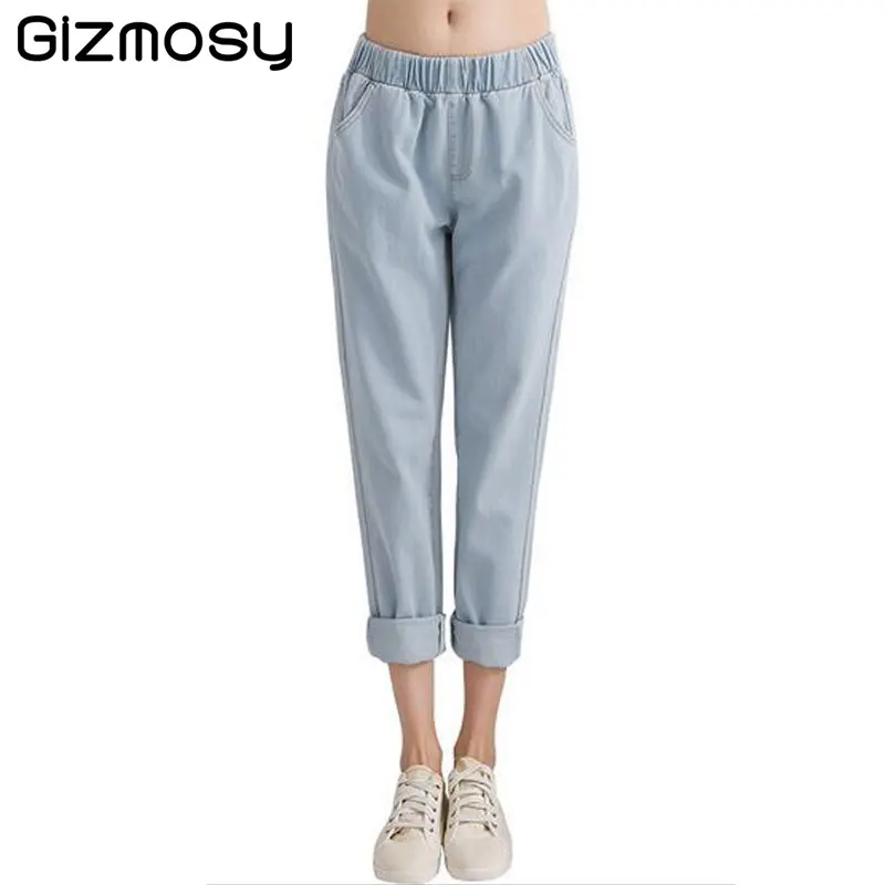 

2017 Vintage Mid Waist Jeans Woman Loose Solid Ankle Length Harem Pants Elastic Waist Denim Blue Jeans Plus Size SY634