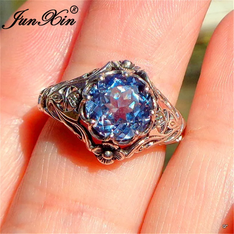 JUNXIN Antique Silver Rainbow Birthstone Rings For Men Women Big Round Zircon Wedding Bands Male Female Flower Charm Ring Gifts