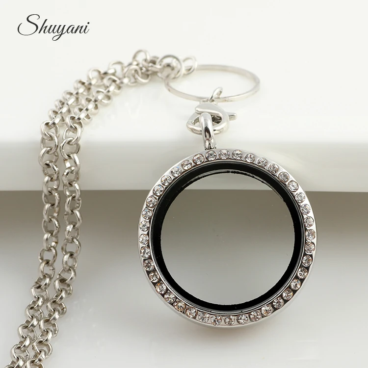 

New Arrival 30mm Silver Rhinestone Floating locket Round Magnetic Glass Living memory locket with free chain Wholesale