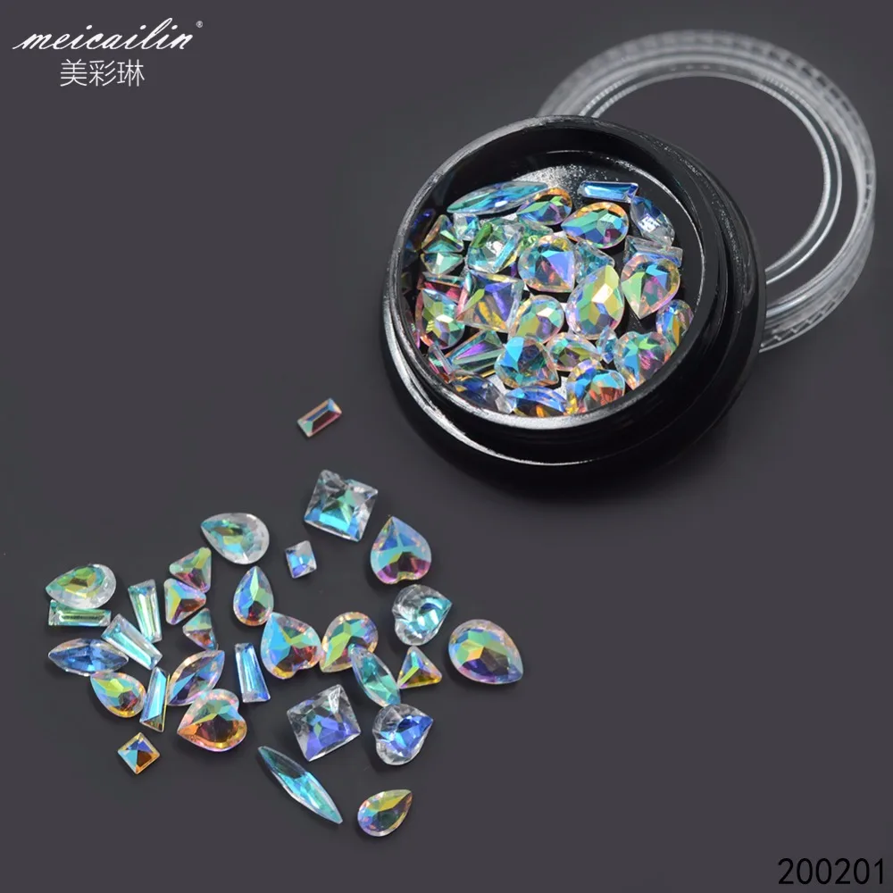 

Meicailin Mix Sizes Crystal Clear Holographic AB Non Hotfix Nail Rhinestones For Nails 3D Nail Art Decoration Gems Glass Stones