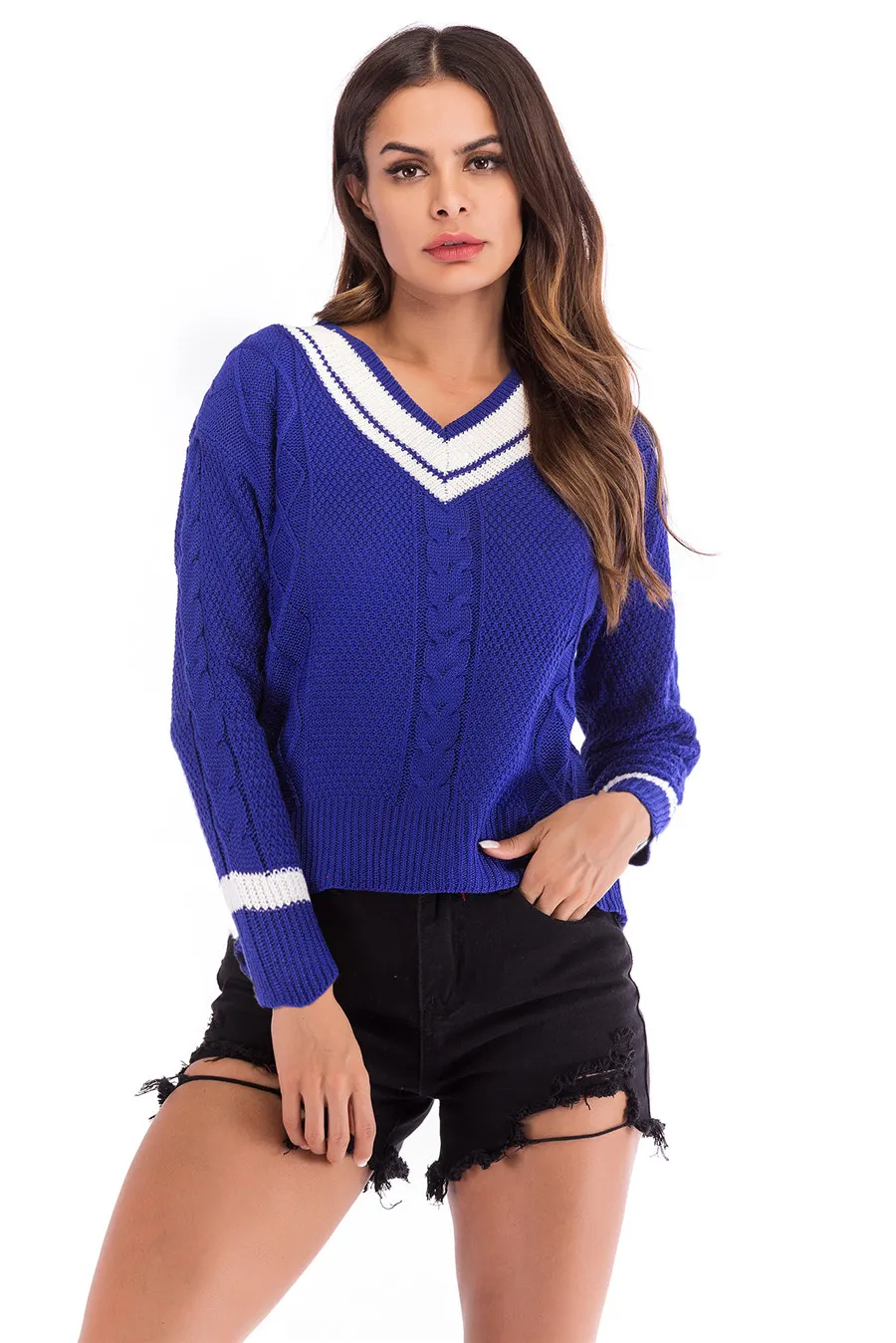 Gladiolus 2018 Striped Pullover Sweater Women V-Neck Long Sleeve Loose Autumn Winter Women Knitted Sweater Casual Jumper Tops (24)