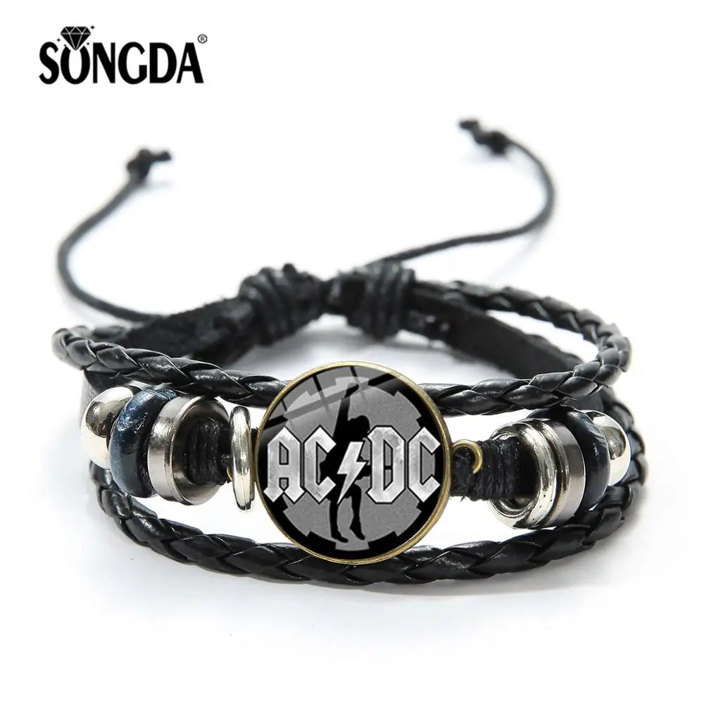 

SONGDA Rock Band AC/DC Symbol Bracelets Pop Music Rock and Roll Band Culture ACDC Glass Punk Jewelry Leather Bracelet Men Women