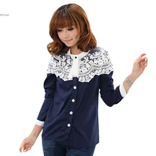 New Sweet Women Casual Small Long Sleeve Chiffon Blouse Lace Patchwork Shirt #005