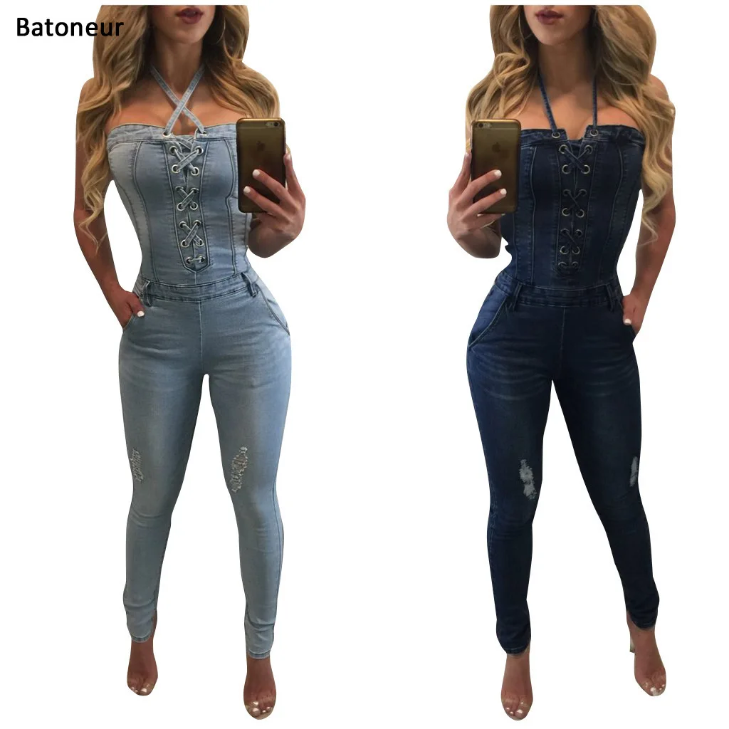 

Batoneur bandage Solid Jumpsuit Sleeveless Off Shoulder Bodycon Denim Jumpsuit