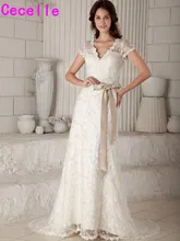 2017 Real Designer Modest Lace A-line Wedding Dresses Bridal Gowns With Cap Sleeves Champagne Sashes V Neck Wedding Gowns
