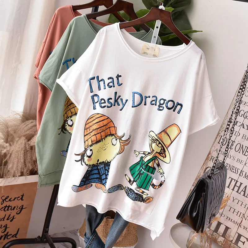 

2019 Spring New Arrival Slub Cotton Letter Short Sleeve T-shirt Side Slit Cartoon Printed Plus Size Women Tshirts Free Shipping