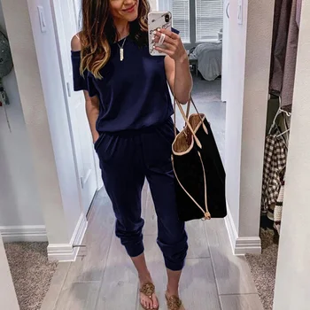 

Summer Women Pure Short Sleeve Rompers Leisure Slim Vintage Minimalist Female Streetwear Off Shoulder Sexy Jumpsuits SJ2813E