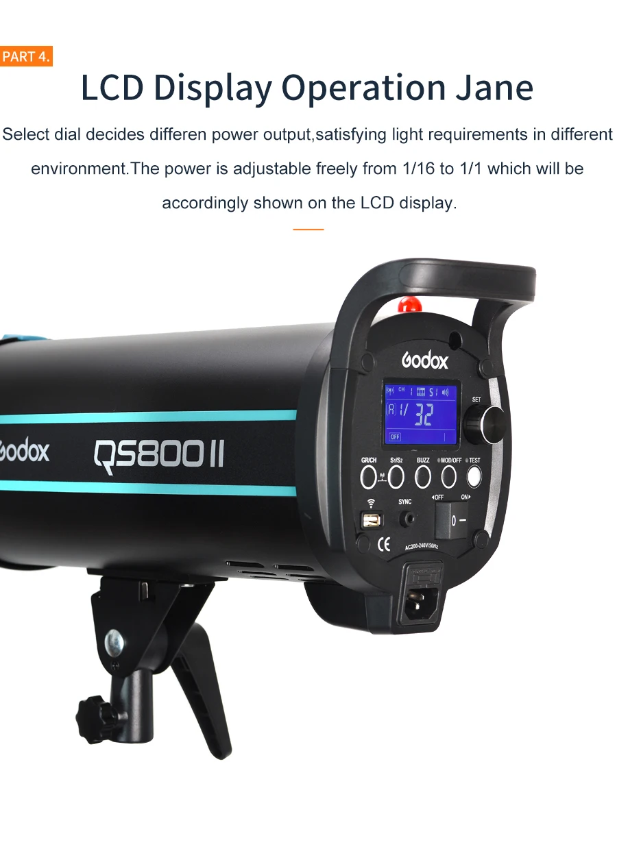Профессиональный студийный стробоскоп Godox QS800II 800Ws GN90 со встроенной беспроводной системой X Godox 2,4G обеспечивает творческую съемку