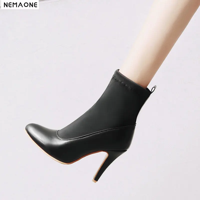 

NEMAONE New elegant ankle boots woman super high heels poined toe women boots spring autumn women dress shoes black red apricot