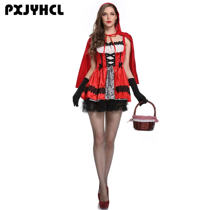 

Halloween Little Red Riding Hood Cospaly Costume For Women Adult Female Fantasia Fairy Tale Dress Sexy Uniform Short Dresses