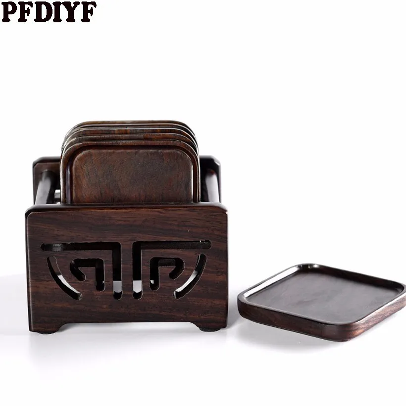 

7Pcs Black Ebony Tea Set Coaster Wooden Tea Ceremony Saucer Tea Pad Placemat Pallet Round Square Insulation Kung Fu Tea Set