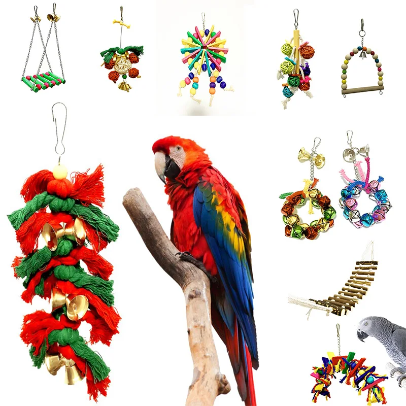 

Cockatiel Parrot Toys Wooden Steel Hanging Bell Cage Toys for Parrots Bird Squirrel Funny Chain Swing Toy Pet Bird Supplies