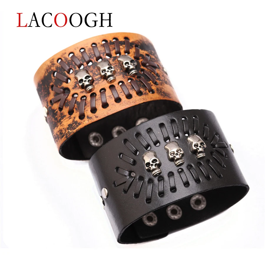 

Lacoogh exaggerated woven alloy skull leather bracelet for women length 22.8cm bangles for men fashion bracelet femme jewelry