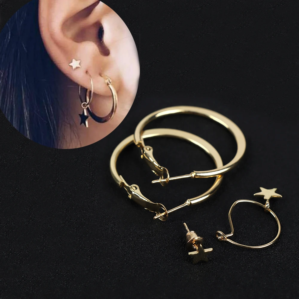 

4 Pcs/set Punk Five-pointed Star Circle Earrings Set Personality Asymmetric Circle Earrings Brincos Jewelry Accessories Gift