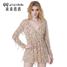 2017 Women Long Sleeve Vintage Dress Apparel Sexy off Shoulder Sequin Tassel Summer Beach Party Mini Club Wear Dress Size Xxl