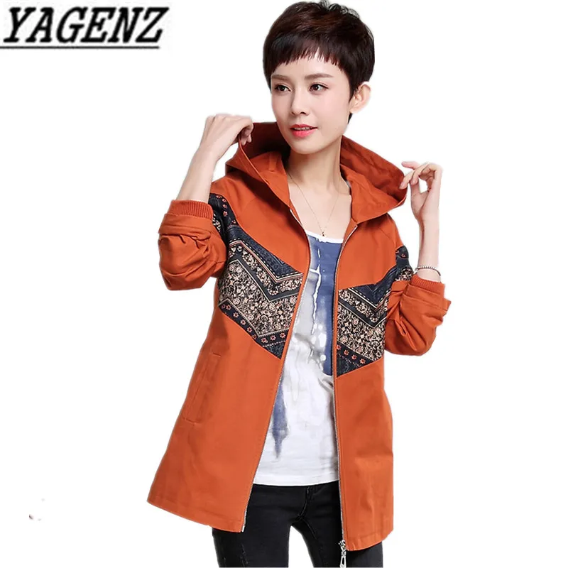 

YAGENZ Female Windbreaker 2017 Spring Autumn Loose Long sleeves Lady Hooded Jacket Coat Elegant Slim Casual Large size Coat 4XL