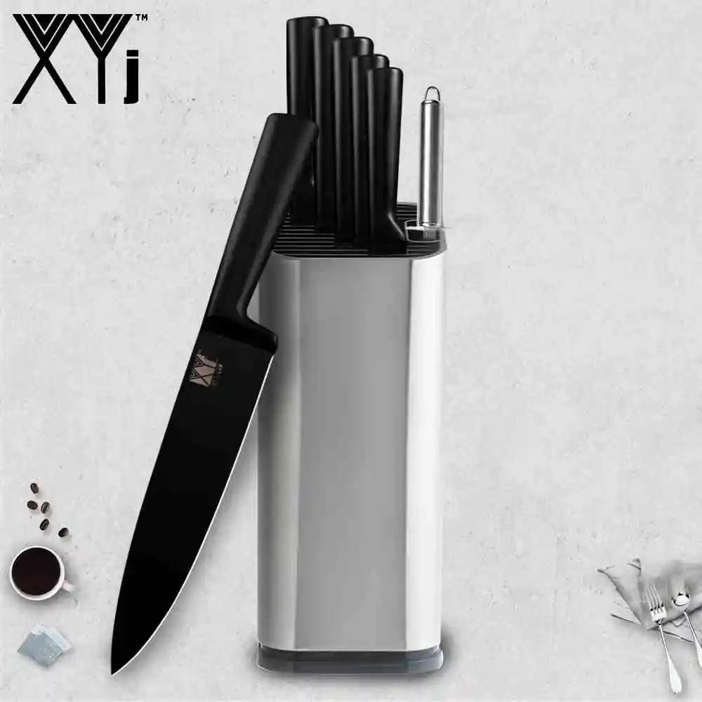 A.8pcs set XYj набор кухонных ножей из нержавеющей стали, острые, все черные, легкие усилия, Не липкие, точилка для кухонных ножей, держатель Knfie - Цвет: A.8pcs set