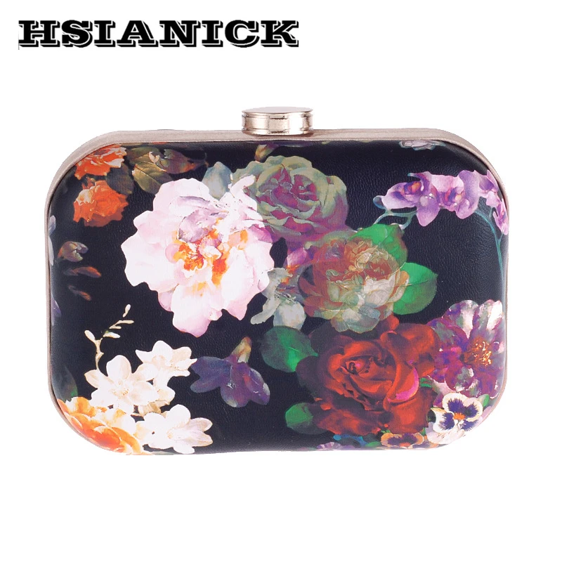 

2018 New Real Women Handbag Personality Leather Flower Printing Dinner Bag Female Hand Grab Hard Small Clutch Party Evening