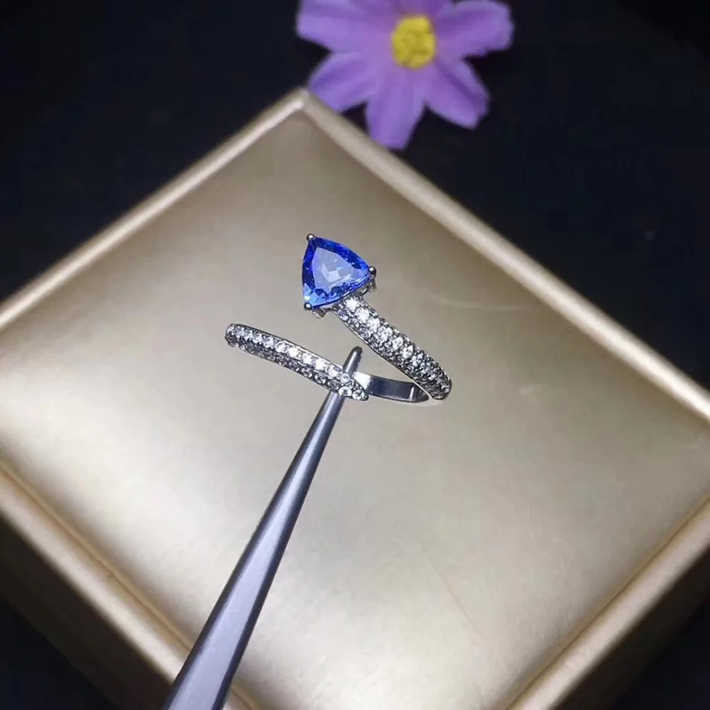 Opening design Natural blue tanzanite gem Ring Natural gemstone ring S925 silver trendy Triangle snake women party gift Jewelry