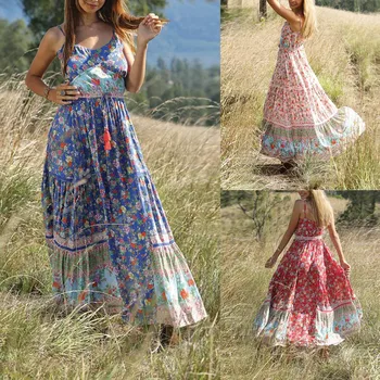

Summer Dress Women's Summer Bohemian Printed Waist V-Collar Chiffon Beach Long Dresses Casual Condole belt Womens Clothing
