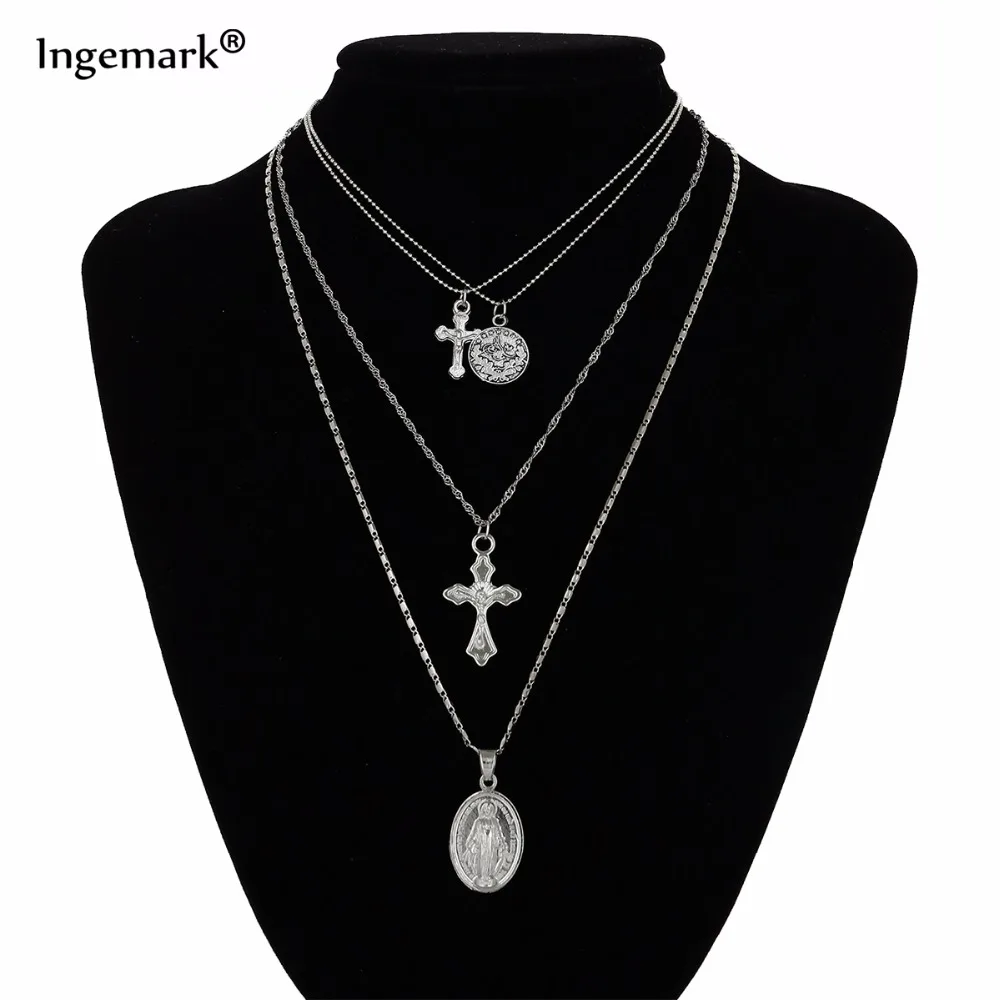 

Ingemark Bohemia Gold Color Cross Layered Necklace Jesus Virgin Mary Chain Pendant Necklace Easter Day's Gift For Women Jewelry