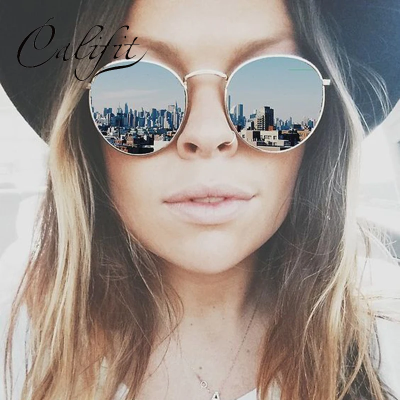 

CALIFIT Luxury Round Mirror Sunglasses Women Vintage Brand Designer Female Shades Ladies Pink Sun Glasses Unisex Male Oculos New