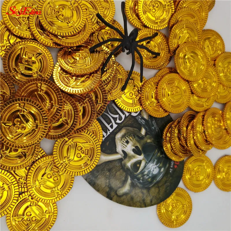 100Pcs Plastic Gold Treasure Coins Captain Pirate Party Favors Pretend Treasure Chest Kids Party Coins Supplies 7Z