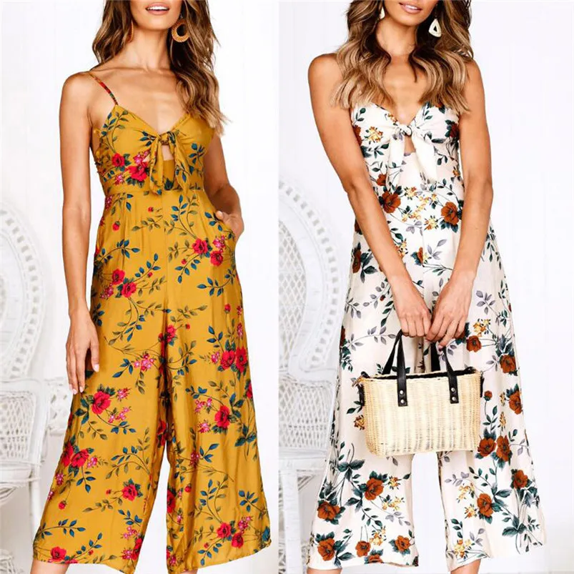 Womens V-Neck Camisole Backless Bow Floral Print Long Playsuit Ladies Jumpsuit macacao feminino combinaison R08 (5)