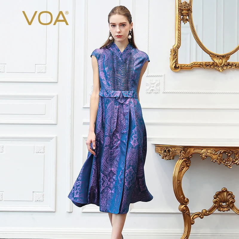 

VOA Silk Jacquard Midi Pleated Dress Women Dresses Vintage Lavender Purple Summer Short Sleeve Elegant Slim V Neck Pockets A303