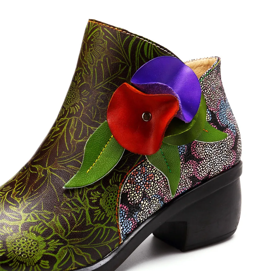 Mixed Color Print Genuine Leather Boots Women Shoes Handmade Flower Zipper Ankle Boots Spring Autumn Vintage Floral Female Botas (13)