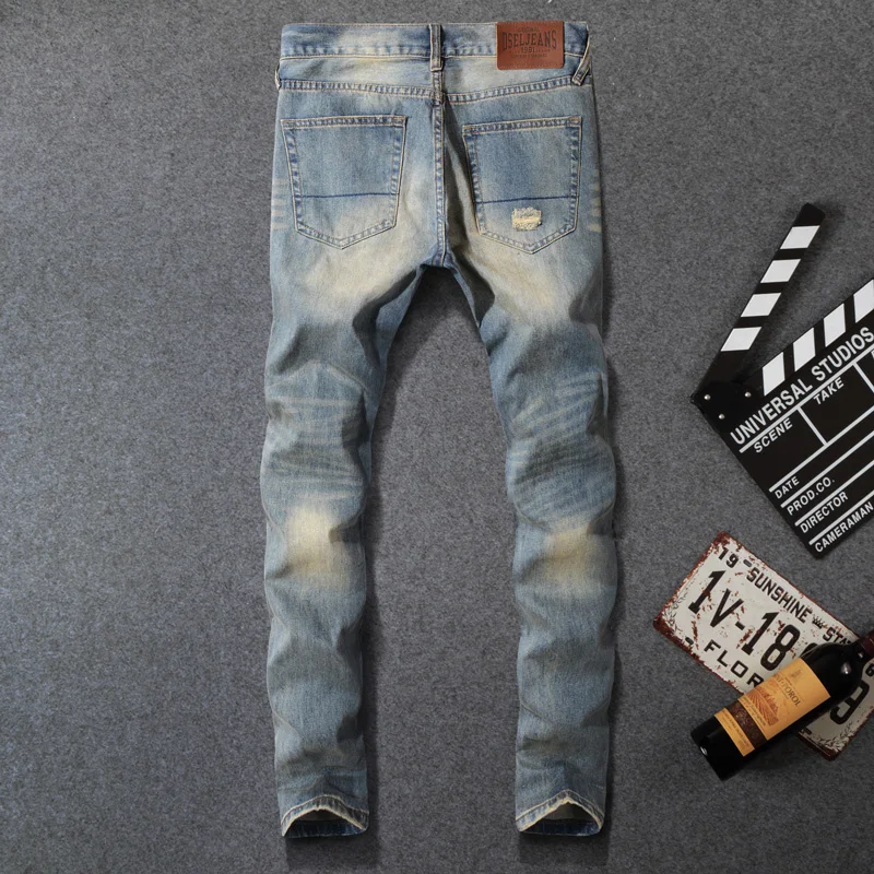 Japanese Style Fashion Men Jeans Retro Vintage Punk Pants Ripped Jeans For Men Elastic Slim Fit Streetwear Hip Hop DSEL Jeans