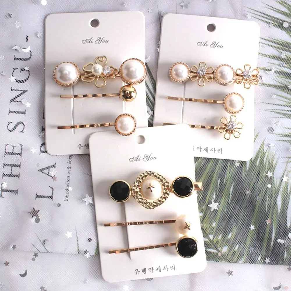 3PCS Hot Korea Chic Alloy Metal Hair Clips Pearls Hairpins Geometric Flower Barrett Women Hair Accessories Gold Color Hairgrip
