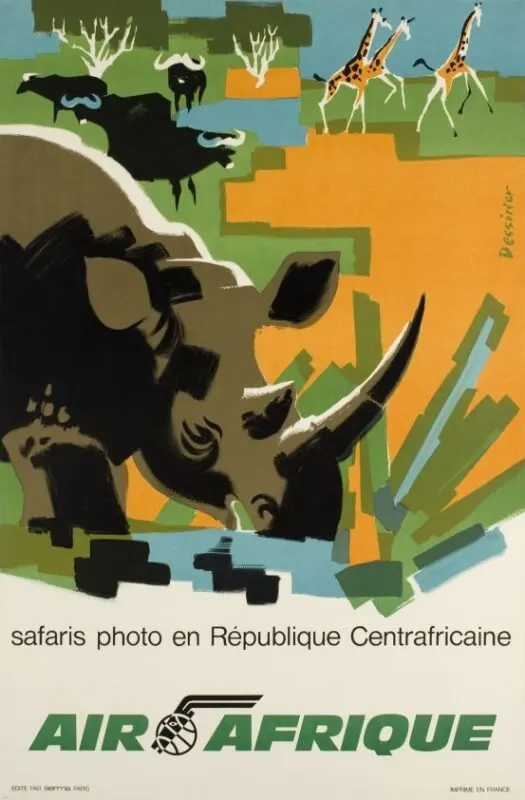 Air Afrique Rhinoceros Африканский визит пейзаж путешествие старинный ретро постер из